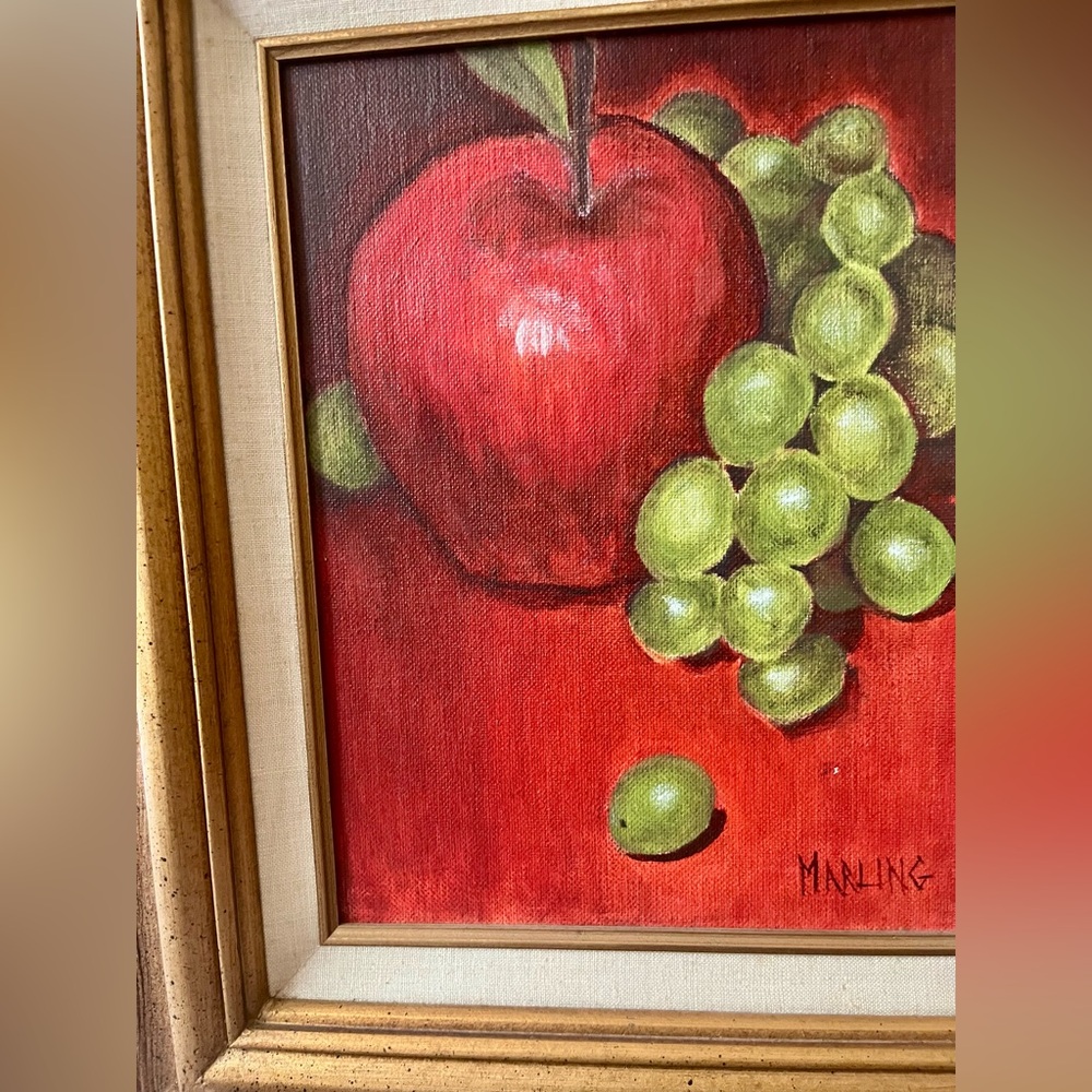 MCM Vintage Still Life Oil Painting Apples Grapes Signed Marling 1982 Framed Art - Picture 3 of 11